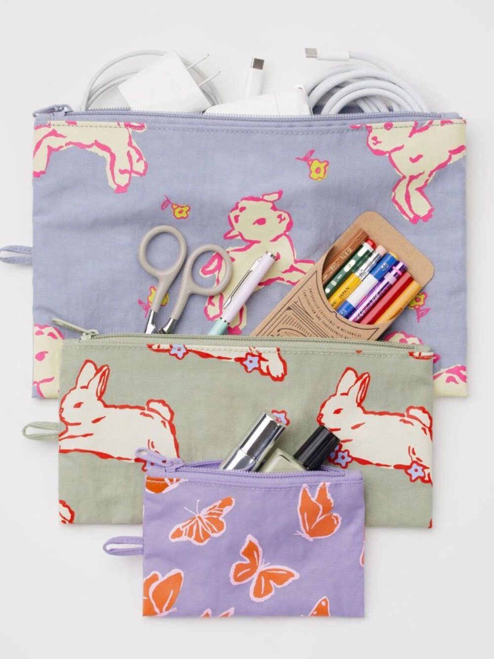 NWT Baggu Flat Pouch Set - Spring Animals (Butterflies, Bunnies, Lambs) - Picture 2 of 5